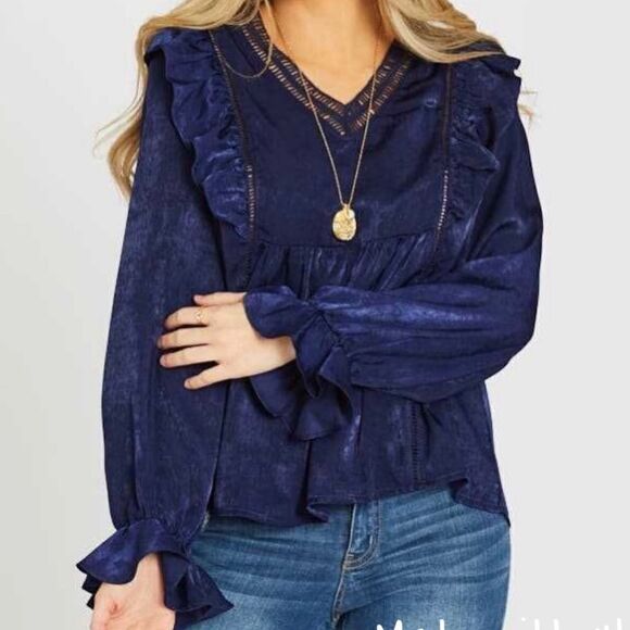 Altar’d state Ruffle navy long sleeve Top - Picture 1 of 5